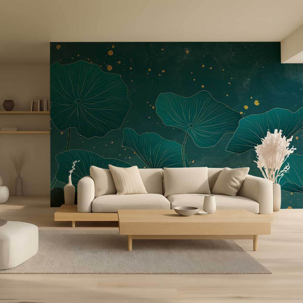 Papier peint lotus et feuillage vert profond touches dorées Intissé