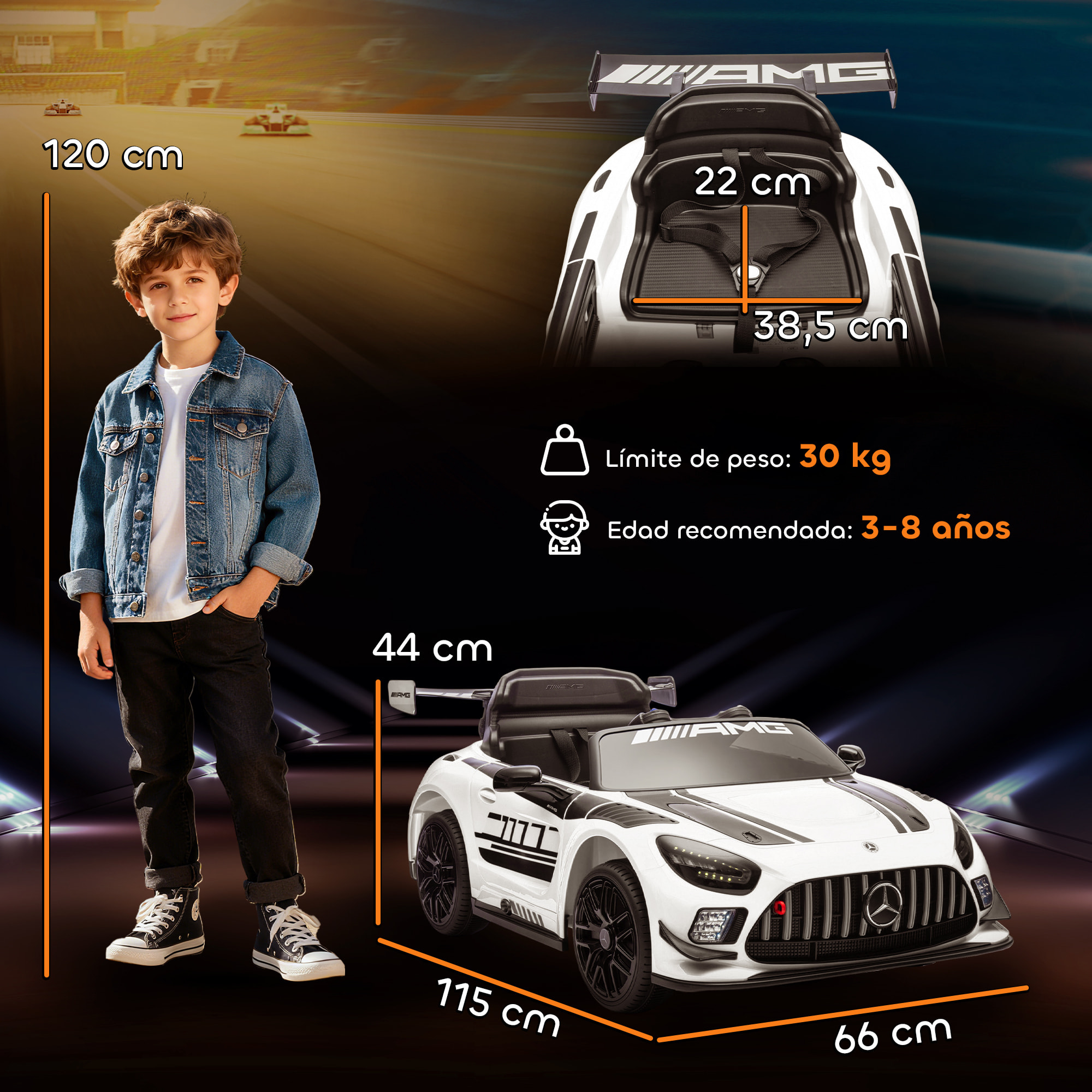 Coche Eléctrico para Niños, Mercedes-AMG GT3 Evo, Coche de Batería 12V, con Mando a Distancia 2,4 G, Motor Doble, Ruedas Auxiliares, Asa de Arrastre, Música Inalámbrica, Faros, Blanco