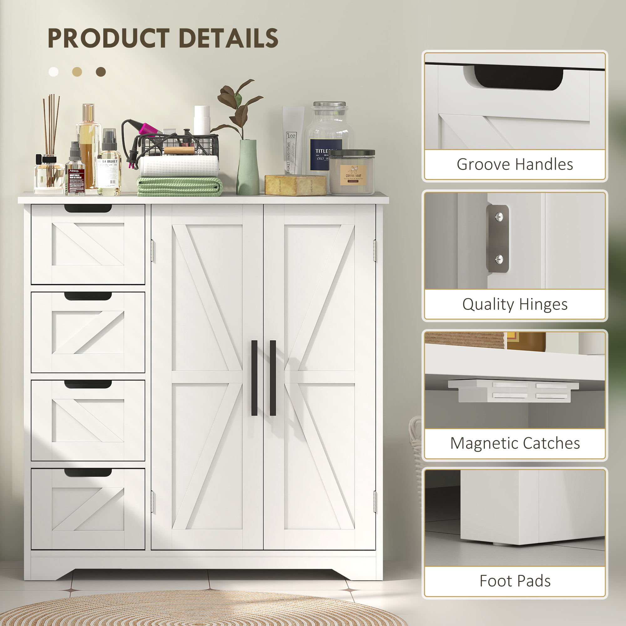 Meuble de salle de bain, meuble de rangement, armoire salle de bain avec 4 tiroirs, 1 placard, étagère réglable, pour salon, salle à manger, petits espaces, 81,2 x 30 x 83,8 cm, blanc