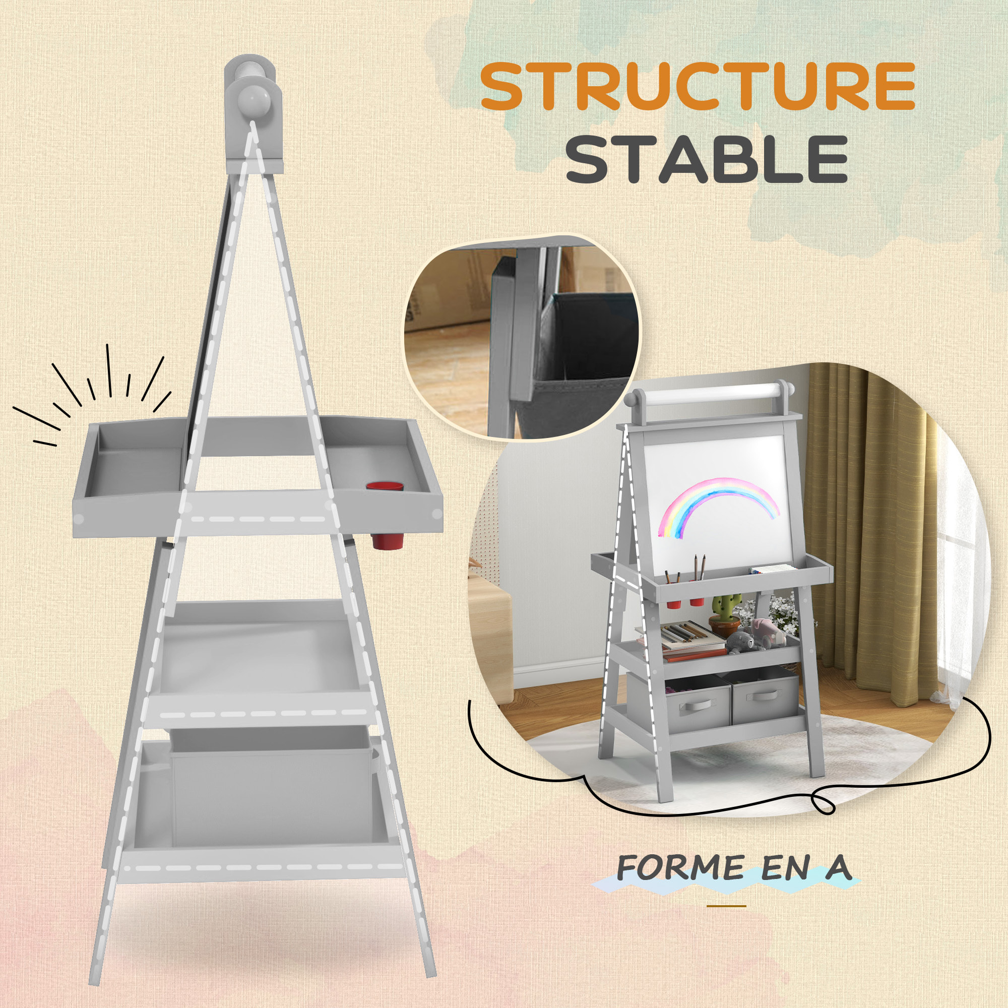 Tableau chevalet enfant 3 en 1 tableau double face enfant avec tableau blanc magnétique tableau à craie - rouleau papier + 2 paniers rangement intégrés - enfant 3-6 ans en bois gris