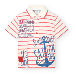 Polo niño, algodón, estampado de rayas, coral