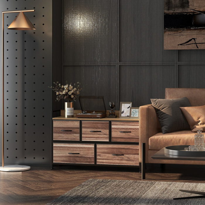 Mueble Organizador Cajonera de Tela con 5 Cajones y Marco Metálico Estilo Industrial para Salón Recibidor Dormitorio 98x29x63 cm Roble