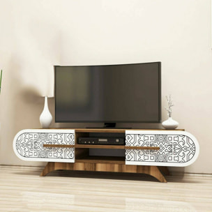 Mobile porta TV Matsu, Credenza da soggiorno, Armadio basso per TV, Base parete attrezzata, 145x37h37 cm, Noce e Bianco