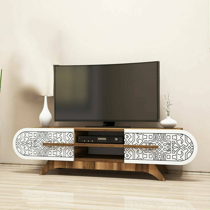 Mobile porta TV Matsu, Credenza da soggiorno, Armadio basso per TV, Base parete attrezzata, 145x37h37 cm, Noce e Bianco