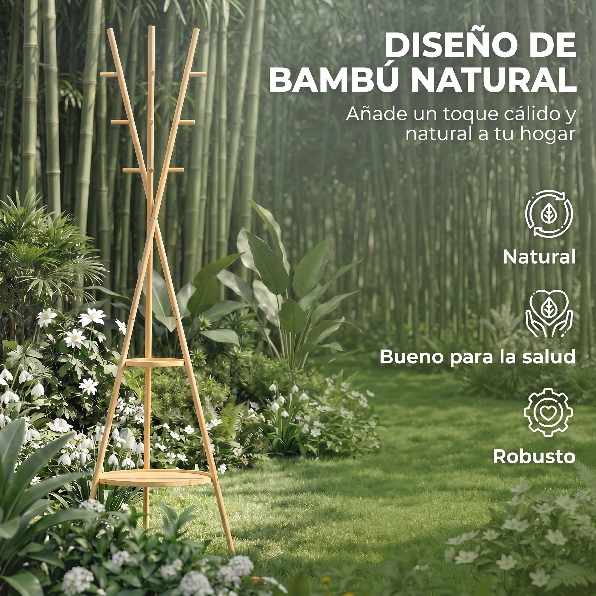 Perchero de Pie de Bambú, Perchero para Ropa con 2 Estantes y 9 Ganchos, Diseño Elegante, para Colgar Bolsas, Sombreros, en Pasillo, Entrada, Dormitorio, 58,5x58,5x176 cm, Natural