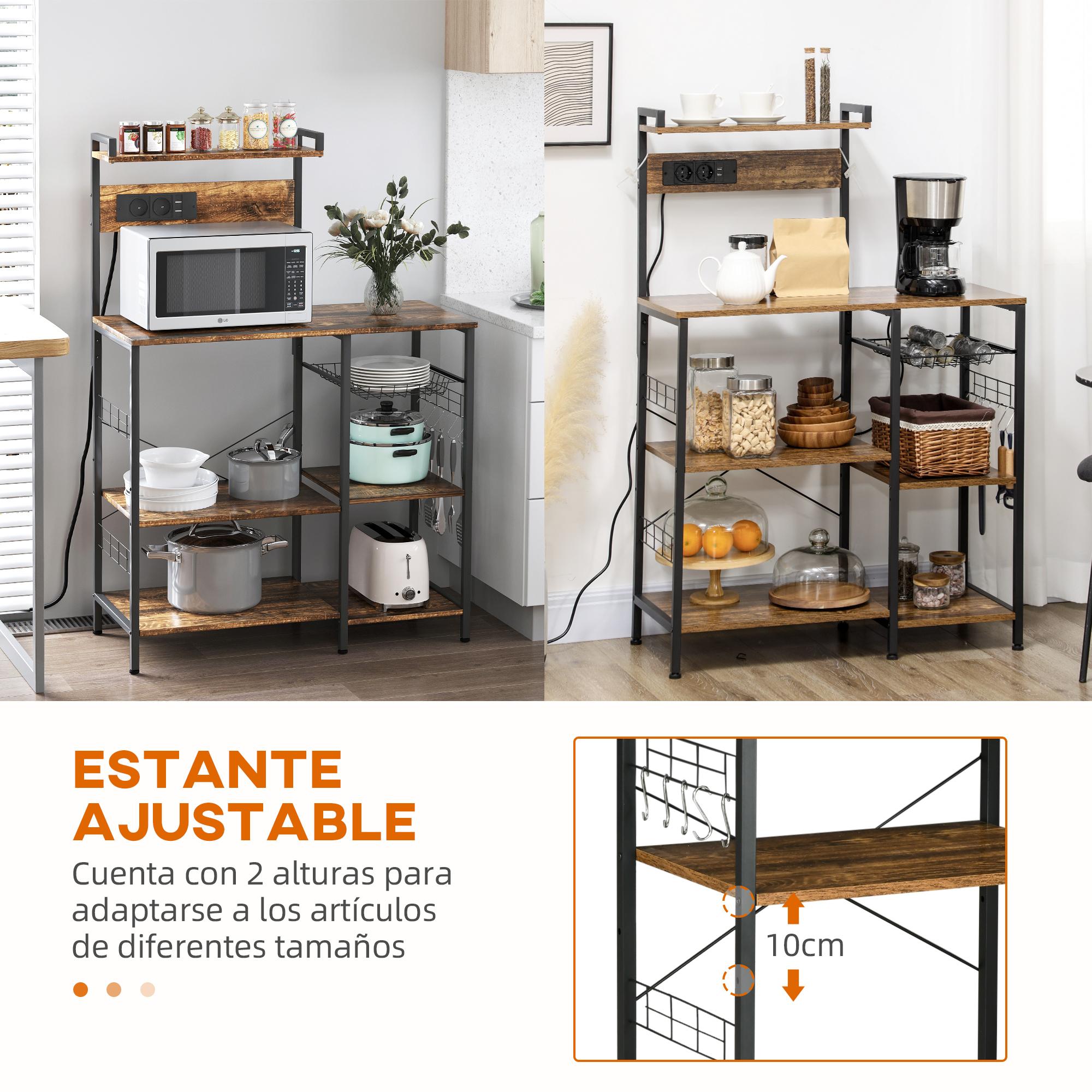 Estante de Cocina Industrial con Cargadores USB Estantería para Microondas con Toma de Corriente Estante Ajustable 5 Ganchos en S y Cesta Extraíble 90x42x130 cm Marrón Rústico