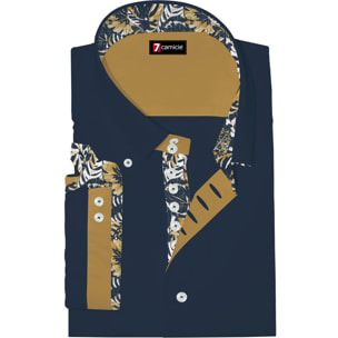 Camicia Uomo Manica Corta 2 Bottoni Button Down 7 Botto Popeline Stretch Unito Blu