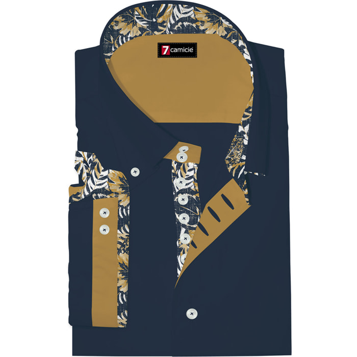 Camicia Uomo Manica Corta 2 Bottoni Button Down 7 Botto Popeline Stretch Unito Blu