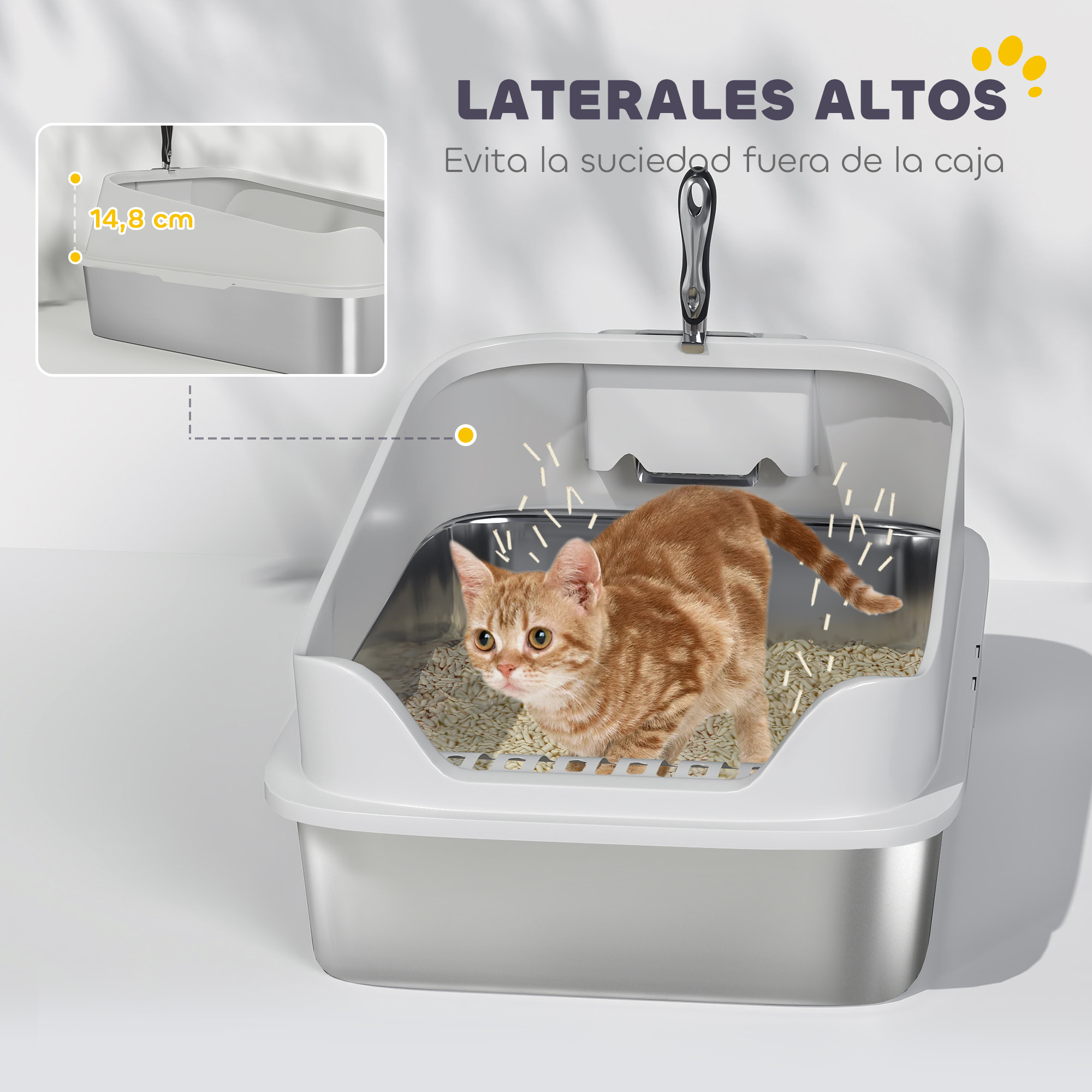 Arenero para Gatos de Acero Inoxidable XL, Caja de Arena para Gatos, Arenero con Borde Alto, Pala Metálica, Fácil de Limpiar, Prueba de Fugas, 60,2x40,2x29,7 cm, Gris