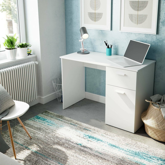 Scrivania Apos, Scrittoio multifunzione con 1 cassetto e 1 anta, Tavolo da studio o ufficio porta PC, 108x50h73 cm, Bianco