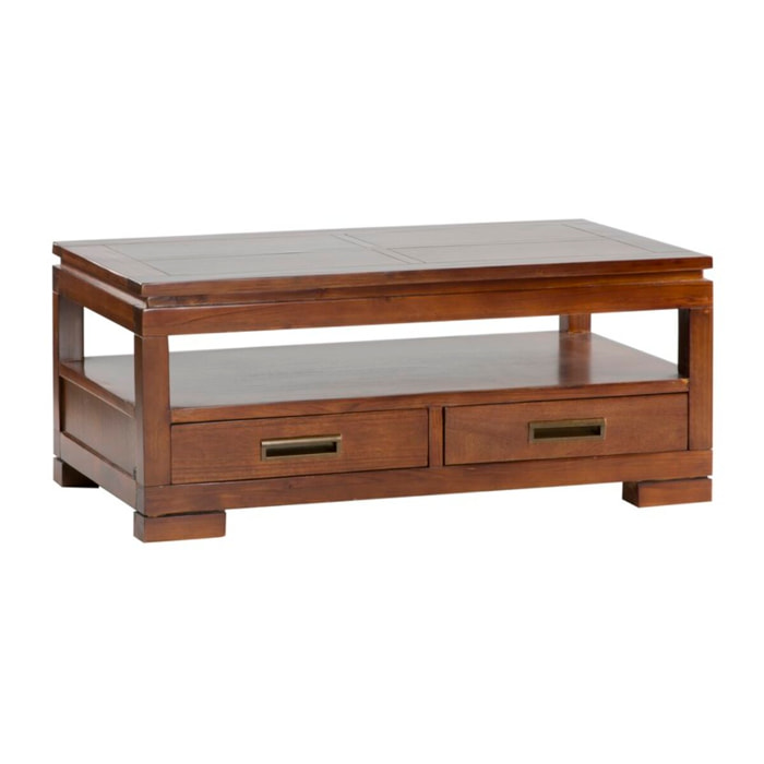 Table basse avec plateau relevable Kenia -bois massif et placage naturel de mindi-couleur teck 110 x 46 x 60 cm