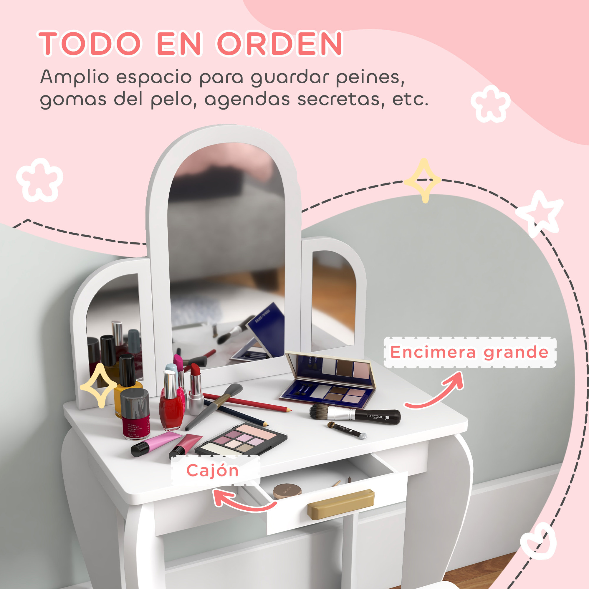 Tocador Infantil con Taburete y Espejo, Tocador para Niñas con Cajón, Mesa de Maquillaje para Niños y Niñas de 3-6 Años, Blanco