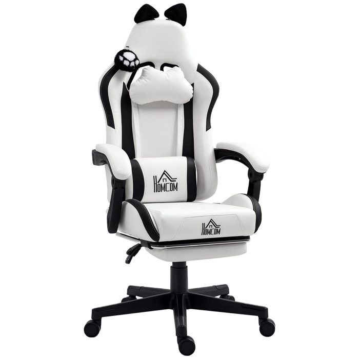 Chaise gaming design oreilles et patte de chat - inclinable, repose-pieds rétractable - blanc noir