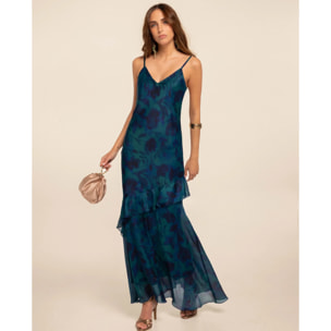 Vestido midi de tirantes con volante y corte lencero