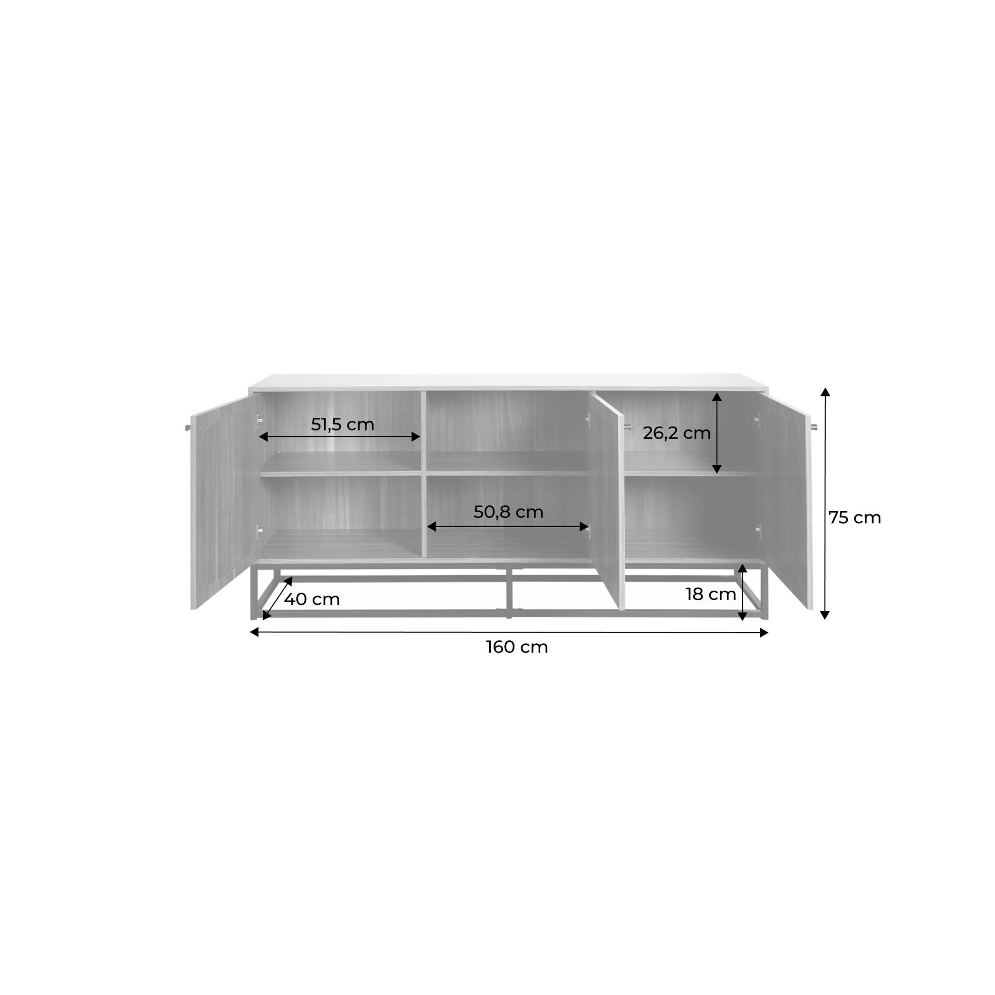 Buffet en décor bois et cannage arrondi. piètement et poignées en métal noir - 3 portes 160cm. buffet bas