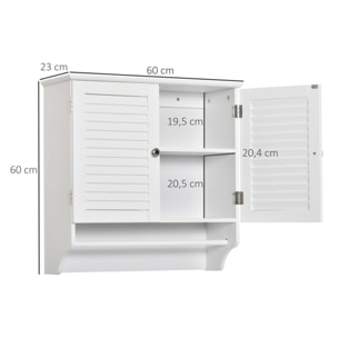 Armario Baño de Pared con 2 Puertas de Persiana Estante Interior y Barra de Toallero Mueble Auxiliar Suspendido Moderno Multiusos para Cocina 60x23x60 cm Blanco