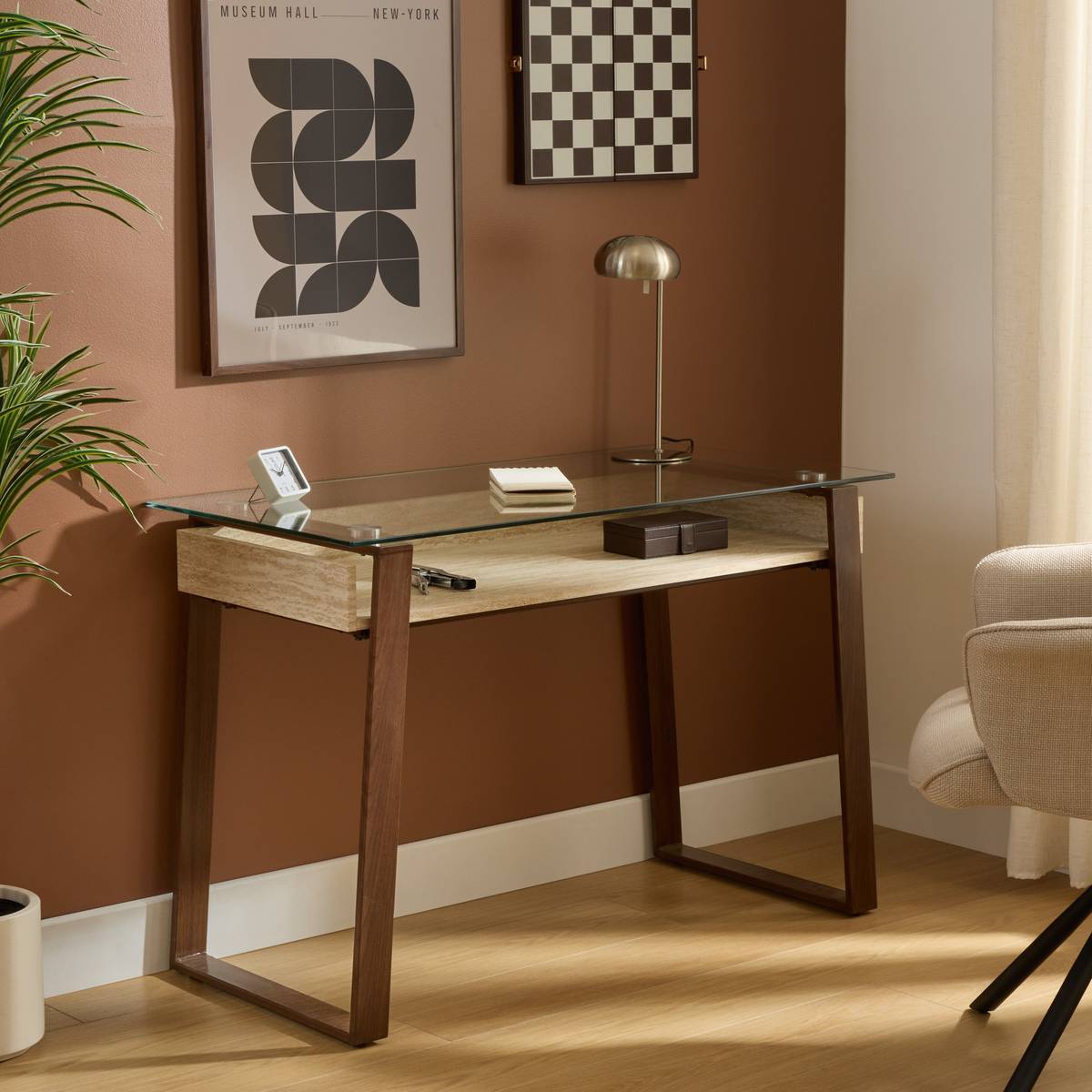 Bureau rectangulaire avec plateau en verre Ariro 55x110cm beige et marron