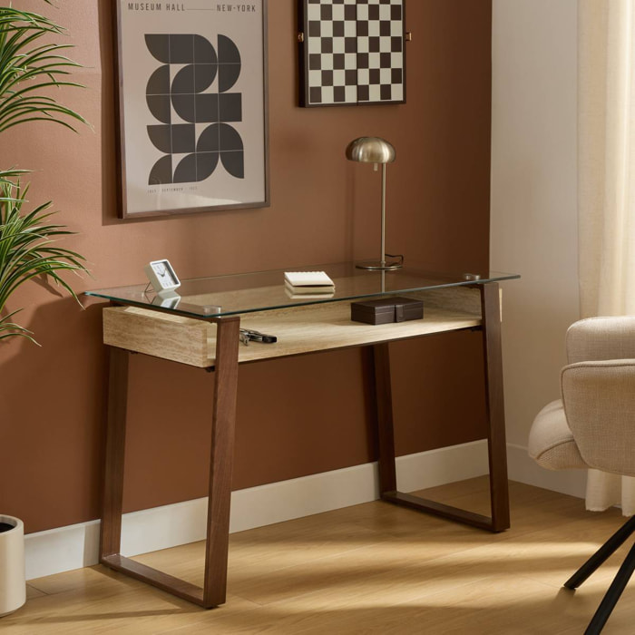 Bureau rectangulaire avec plateau en verre Ariro 55x110cm beige et marron