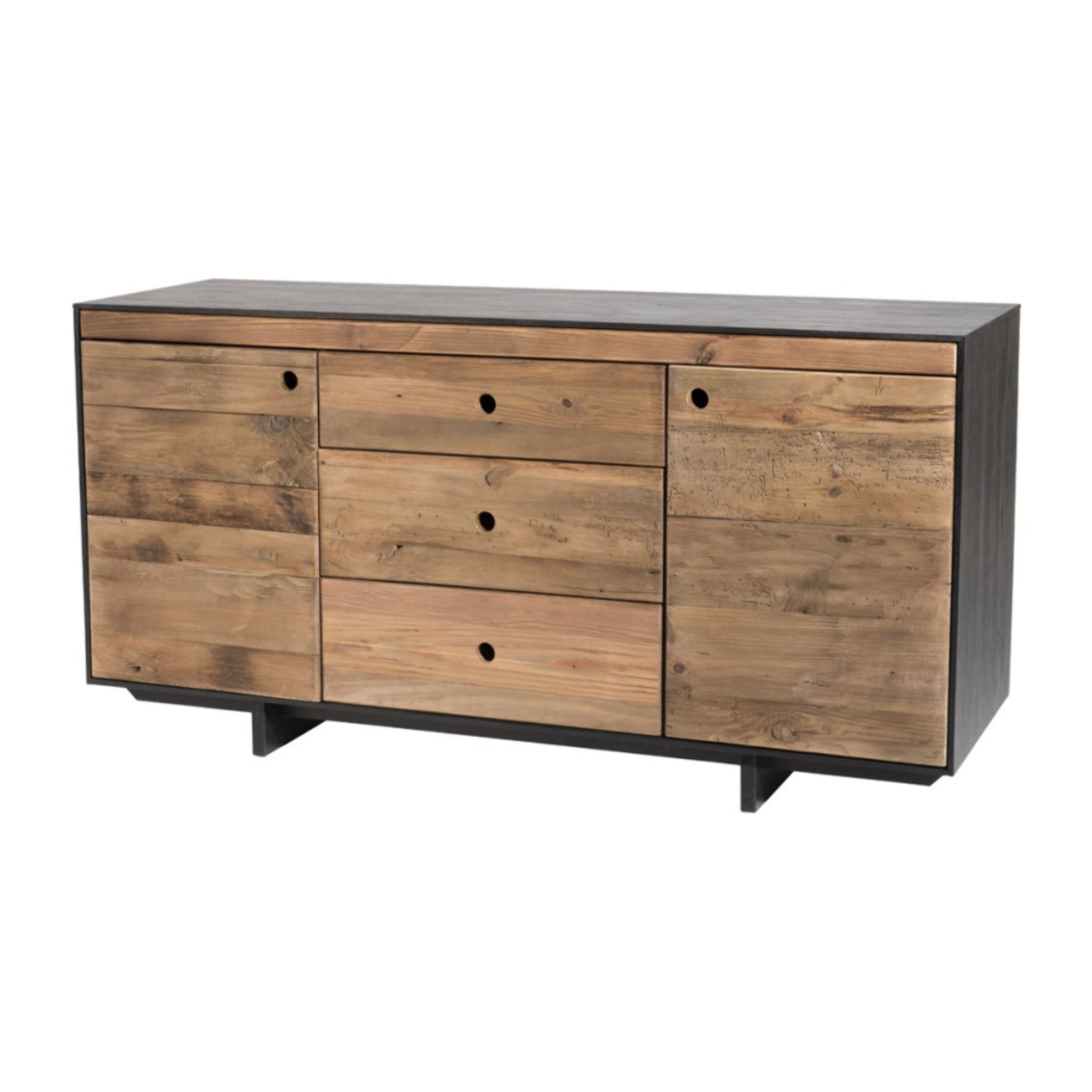 DANDY - Buffet 2 portes 3 tiroirs bois Pin recyclé naturel et noir
