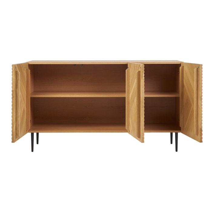 Buffet design en bois clair chêne massif gravé et métal noir 3 portes L135 cm ARCHIPEL