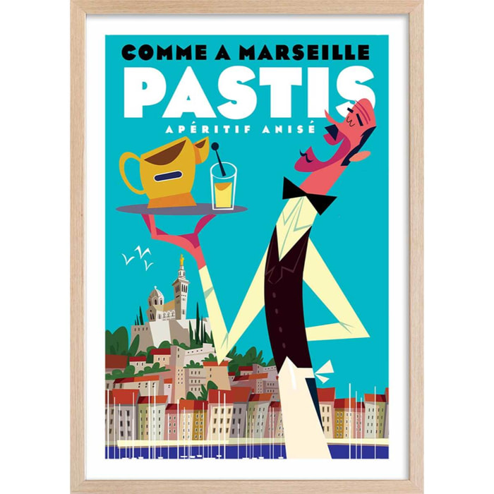 Poster un pastis sur le vieux port Affiche + cadre en bois - Chêne