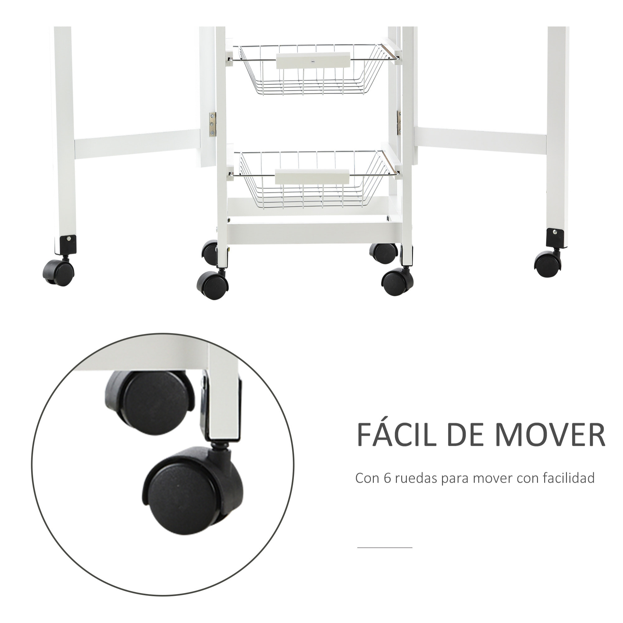 Carrito de Cocina Plegable Carrito Auxiliar con 6 Ruedas 1 Cajón y 3 Cesta de Metal Carro de Servicio Multifuncional para Almacenamiento Carga 50 kg 97,2x37x77,5 cm Blanco y Roble