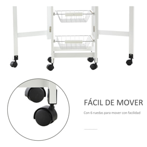 Carrito de Cocina Plegable Carrito Auxiliar con 6 Ruedas 1 Cajón y 3 Cesta de Metal Carro de Servicio Multifuncional para Almacenamiento Carga 50 kg 97,2x37x77,5 cm Blanco y Roble