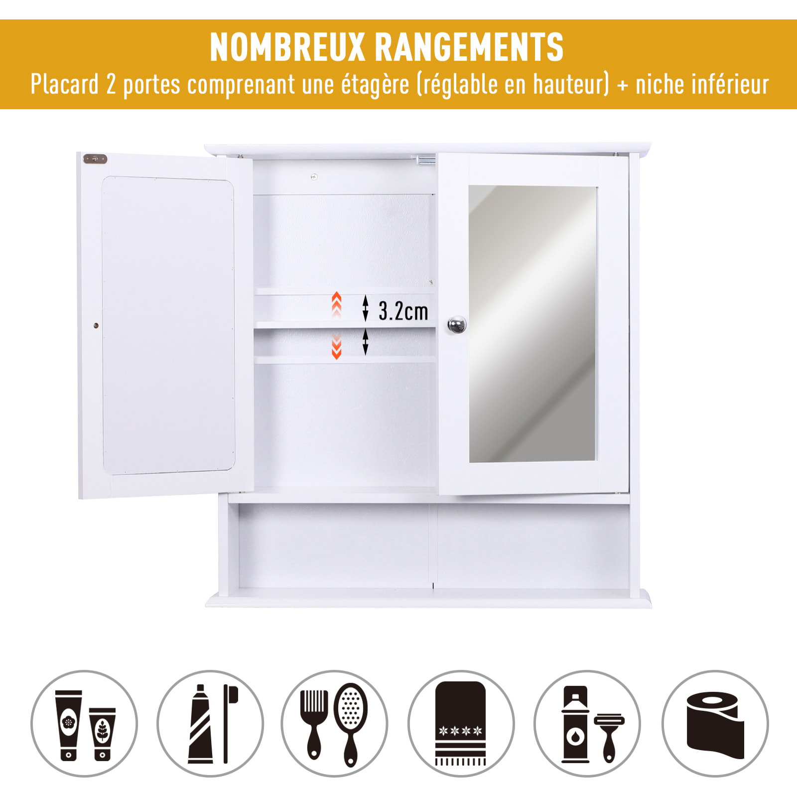 Armoire murale étagère salle de bain 56L x 13l x 58H cm double porte miroir étagère réglable MDF blanc