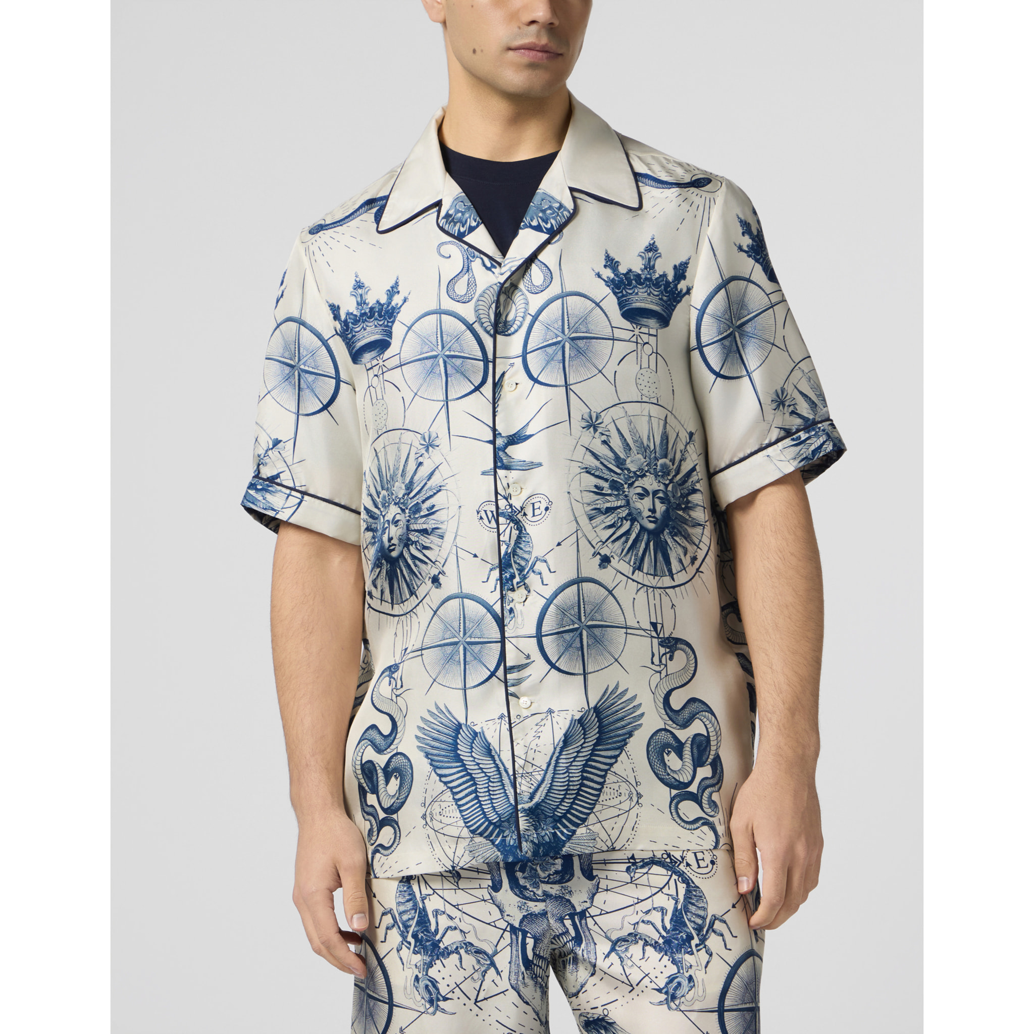 PHILIPP PLEIN Silk Bowling Shirt All-Over Tattoo