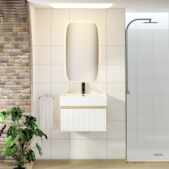 Conjunto de Baño Zel | Mueble Suspendido | 60 cm Blanco | Un Cajón | Lavabo Encastrado | No incluye Espejo | Mueble Montado| Alday