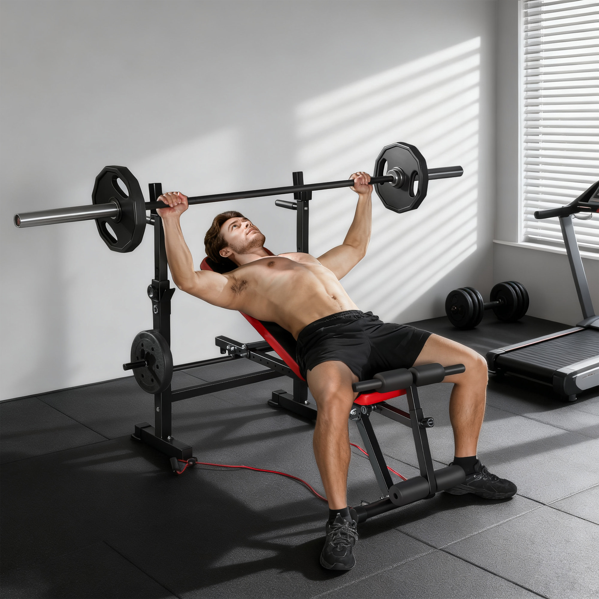 Banco de Musculación Multifuncional, Carga 300 kg, Banco de Pesas Inclinable con Soporte para Barras Ajustable, Asiento y Respaldo Regulable, para Entrenamiento Completo en Casa Gimnasio