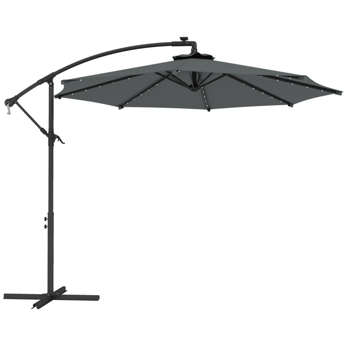 Parasol Excéntrico Ø 294 cm Sombrilla de Jardín con 32 Luces LED Solares Base Cruzada Manivela Ventilación Superior Funda para Sombrilla Anti-UV 30+ para Terraza Patio Gris Oscuro