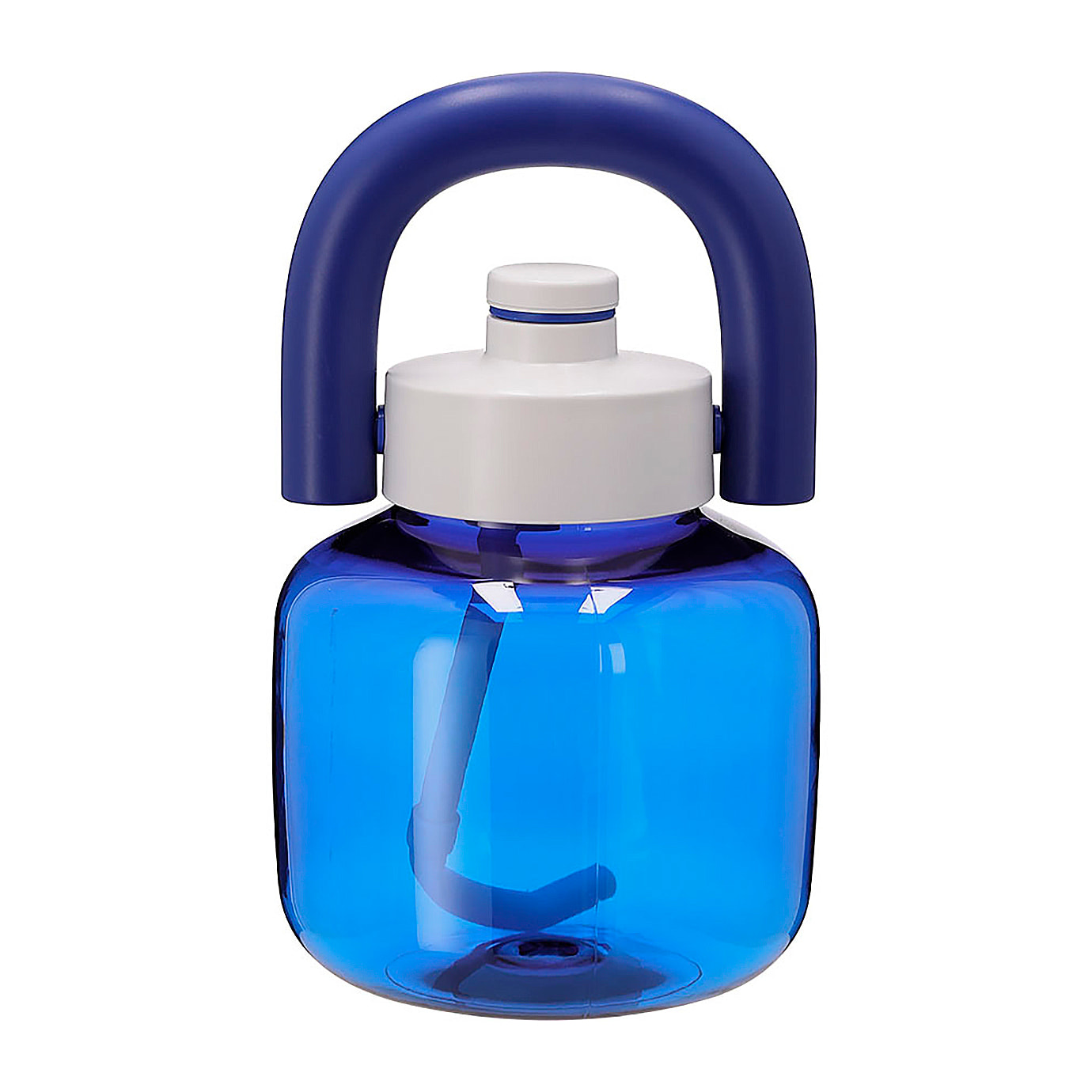 Bidón en resistente RPET con 1,8 L de capacidad. Con original forma de kettlebell. Incluye de cierre a rosca, pajita y firme asa de transporte. Libre de BPA.