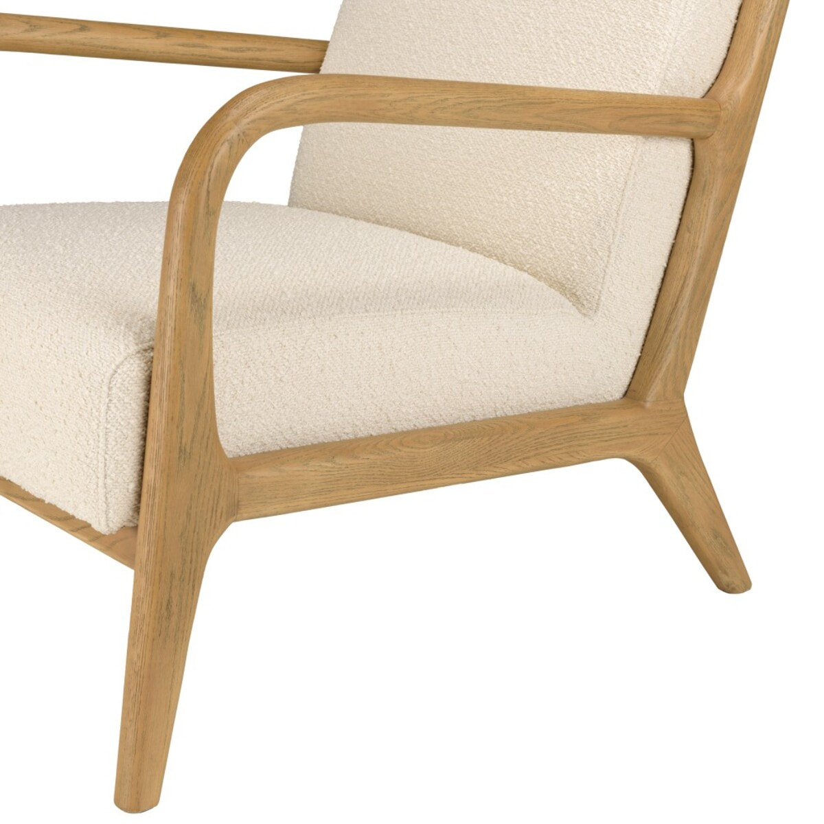 PIERRE - Fauteuil bas tissu bouclette écru structure et accoudoirs bois