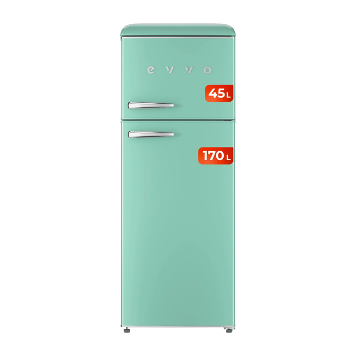 EVVO Frigorífico 2 puertas F45 Retro Verde Aquamarina, refrigerador 170 litros, congelador 45 litros, diseño vintage, cajón Crisper Zone, libre de gas CFC, silencioso