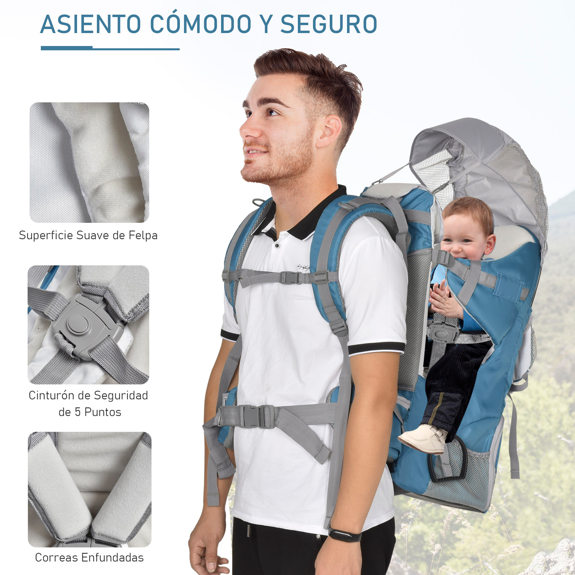 Mochila Portabebés con Protector de Lluvia y Sol Azul y Gris