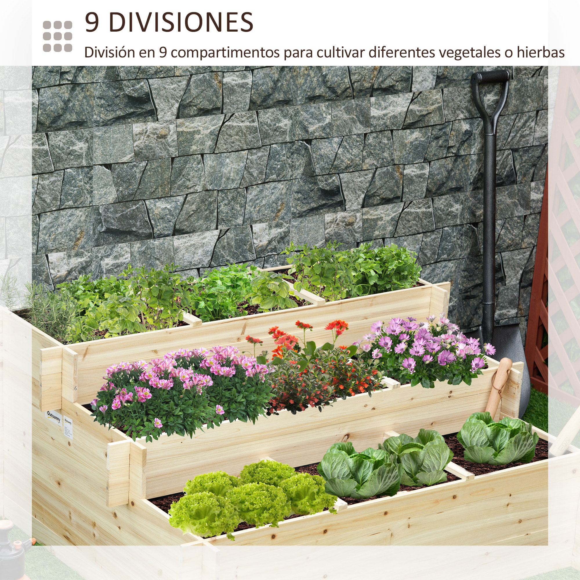 Jardinera de Madera de 3 Niveles Escaleras de Huerto Urbano con Tela Geotextil para Cultivos Plantas Flores para Jardín Terraza Exterior 117x100x54 cm Natural
