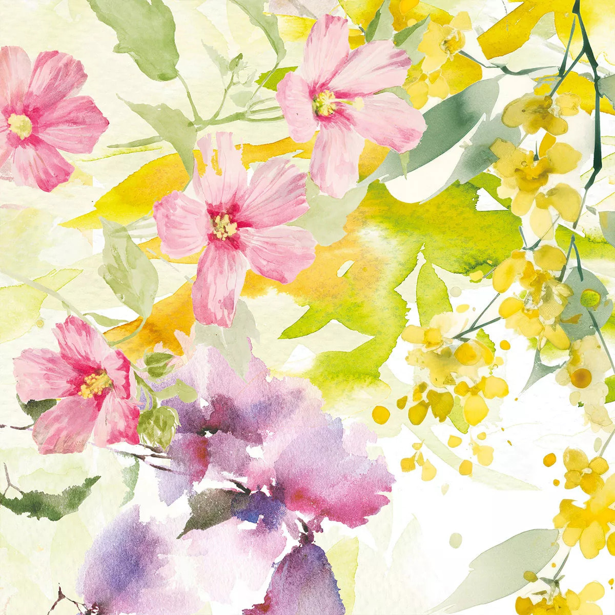 Serviette lin & coton lavé 150 g/m² imprimé jaune vert rose Souffle fleuri printemps