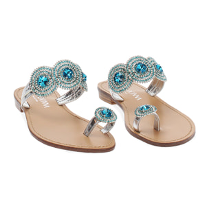 Sandali bassi donna argento con pietre blu in laminato