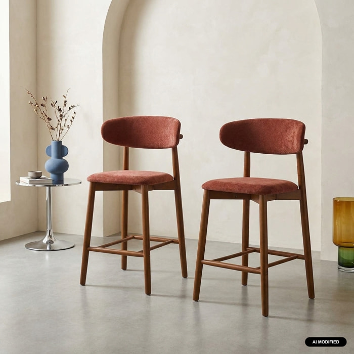Tabouret de bar bois d'hévéa noyer et tissu chenille (lot de 2)  PAOLA