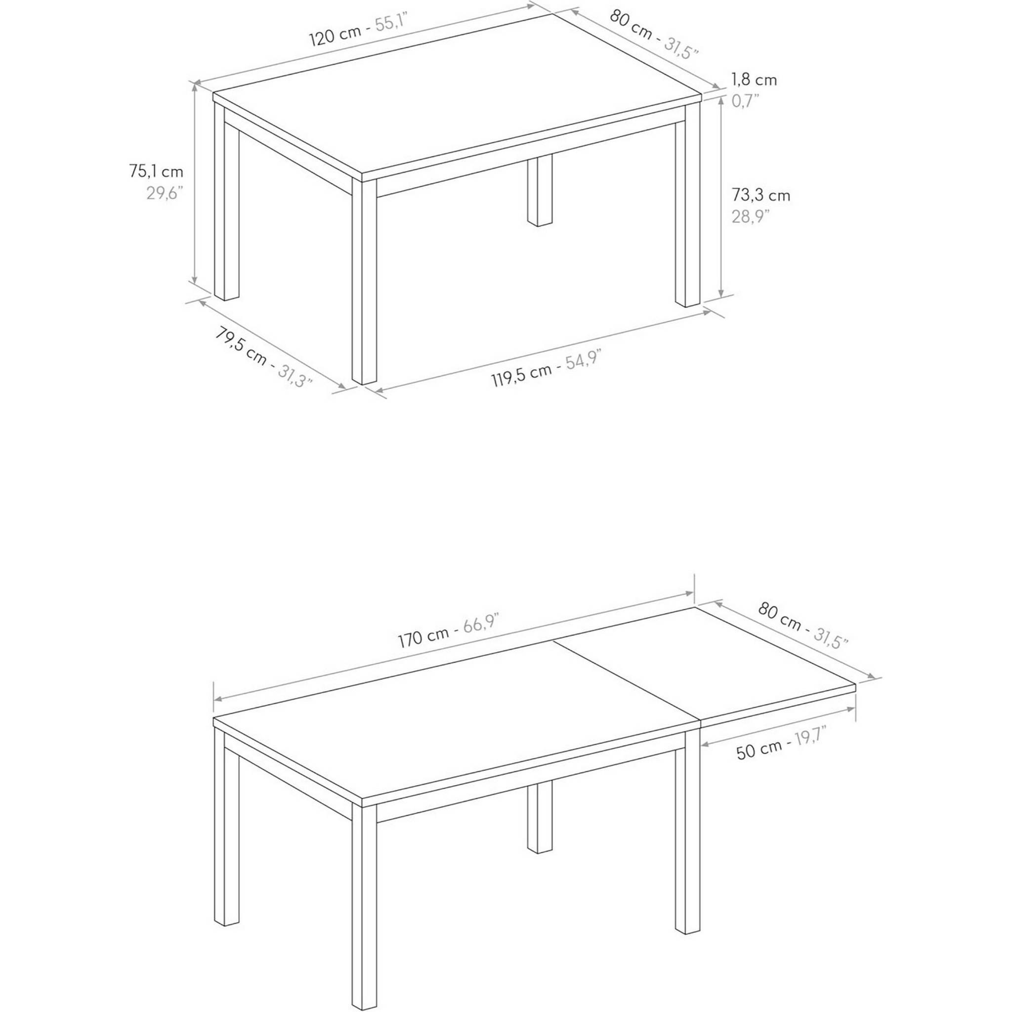 Tavolo TROPEA in legno, finitura bianco frassinato e base in metallo verniciato bianco, allungabile 120x80 cm - 170x80 cm