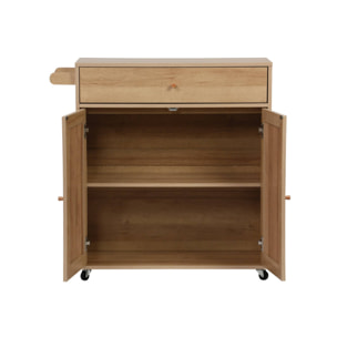 Desserte de cuisine BOHEME décor bois et cannage 1 poignée 1 tiroir 2 portes 4 roues. Naturel