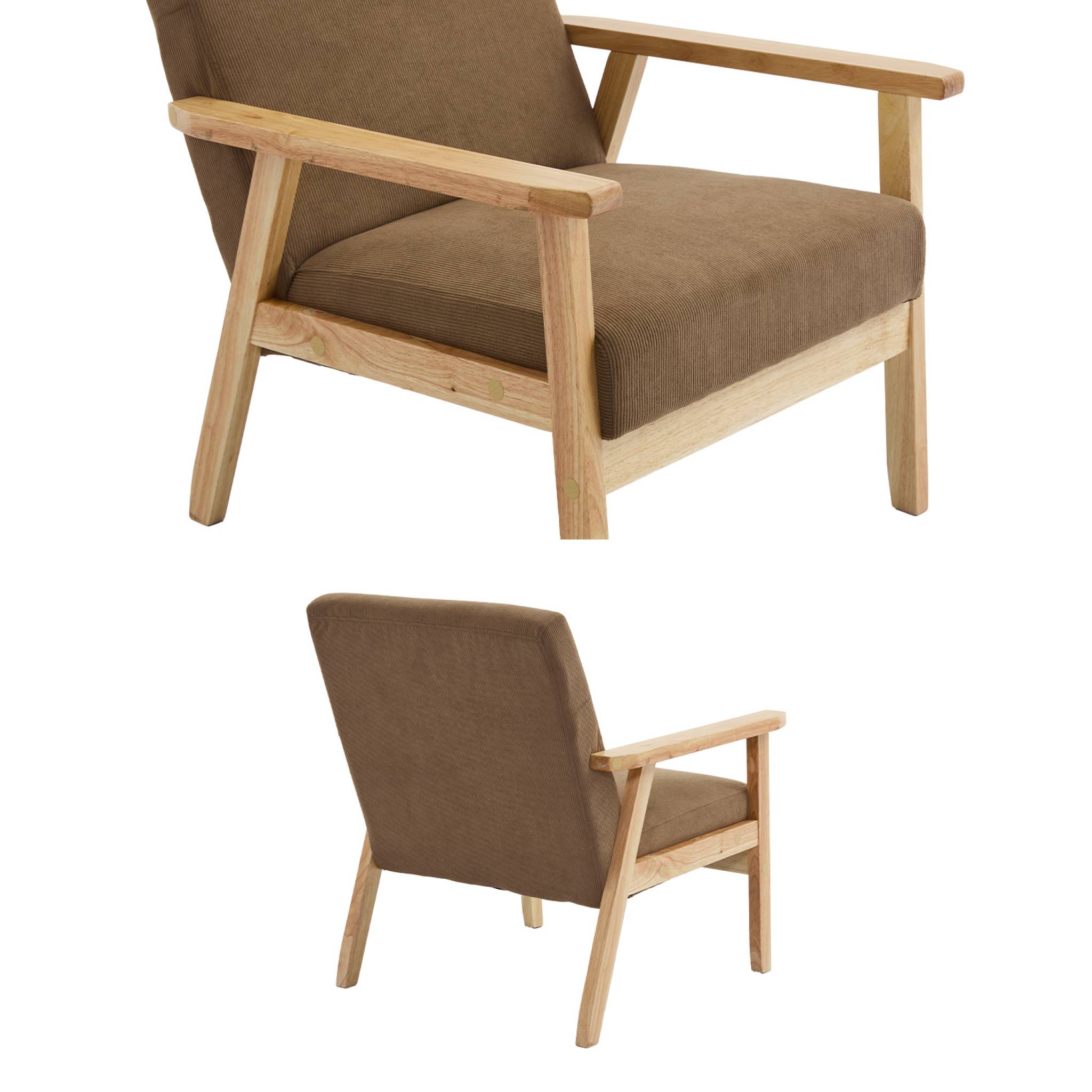 Fauteuil vintage / scandinave structure en bois et contreplaqué et assise en velours côtelé taupe