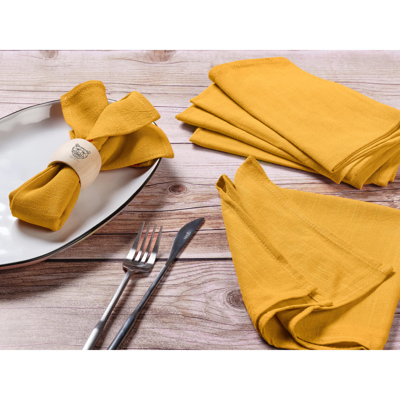 Serviette de table - 6 pièces - Lin et coton jaune moutarde