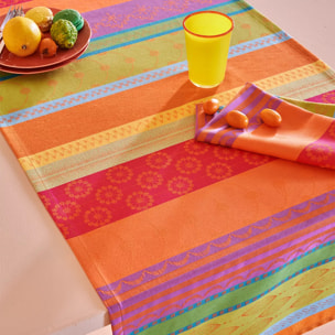 Nappe pur coton enduit motif jacquard vert orange Mille broderies samba