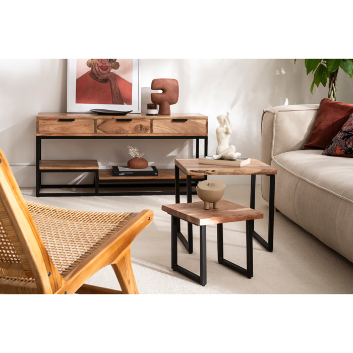 Meuble TV en bois massif et métal noir L115 cm WARREN