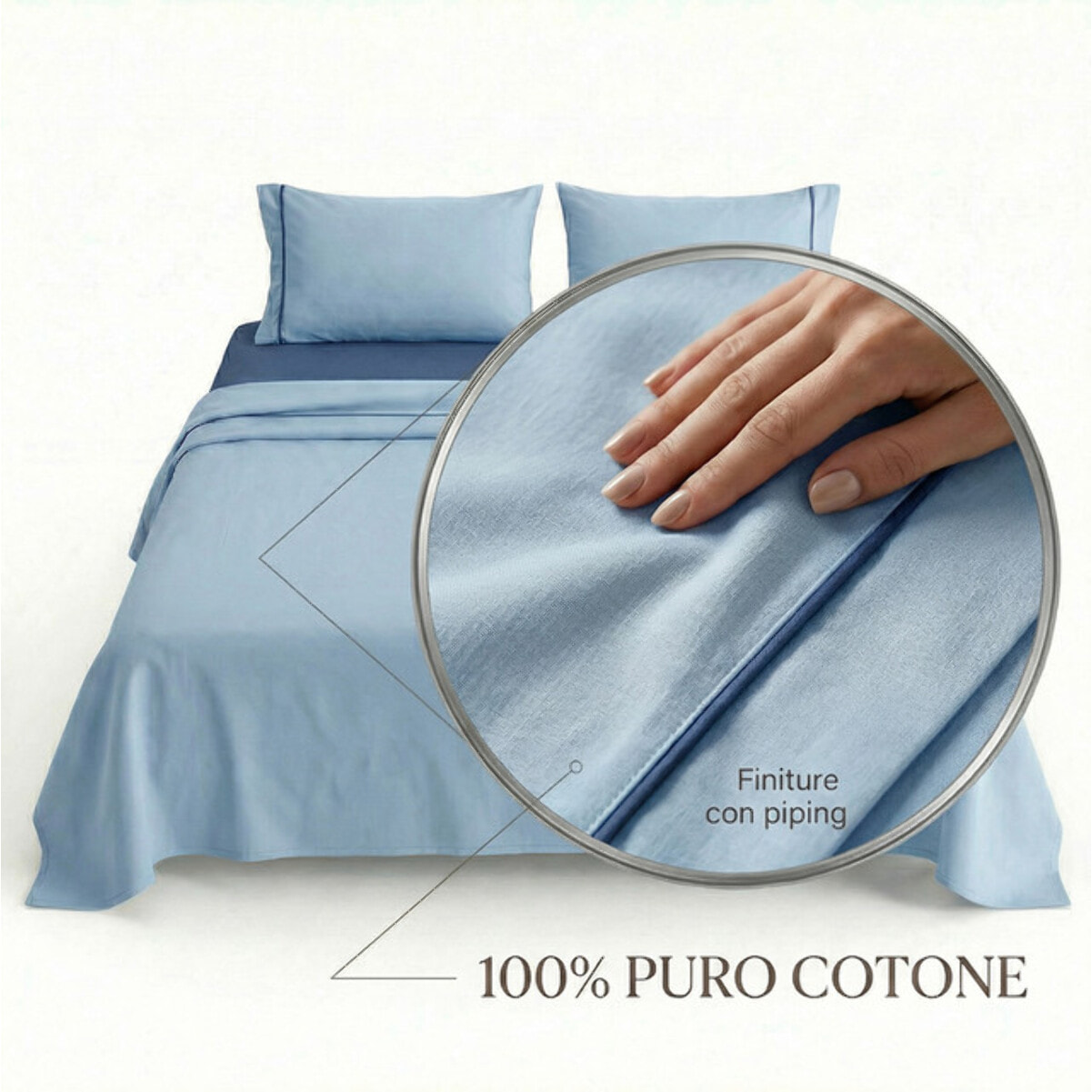 Completo lenzuola singolo in cotone bicolore morbido e traspirante, set letto con lenzuolo sopra, sotto con angoli e federa, design con piping a contrasto elegante, resistente e leggero 116 gsm, certificato OEKO-TEX