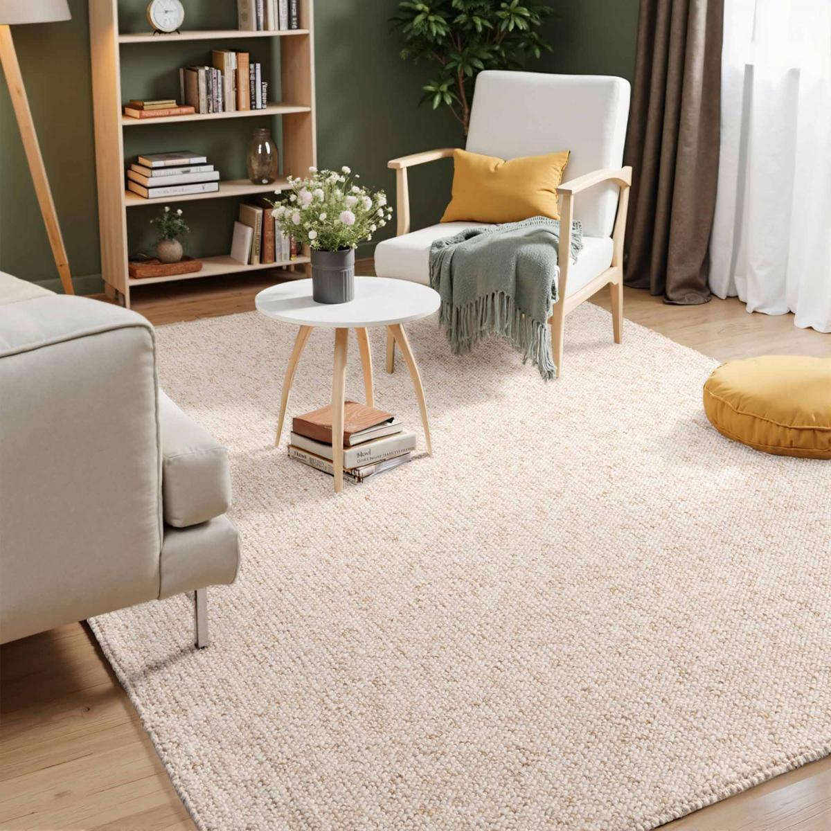 Tapis salon, motif faux uni, poils ras, look chaleureux, entretien