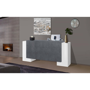 Credenza moderna a 2 ante e 3 cassetti, Made in Italy, Madia da cucina, Buffet di design da soggiorno, cm 210x45h85, colore Bianco lucido e Grigio Cenere