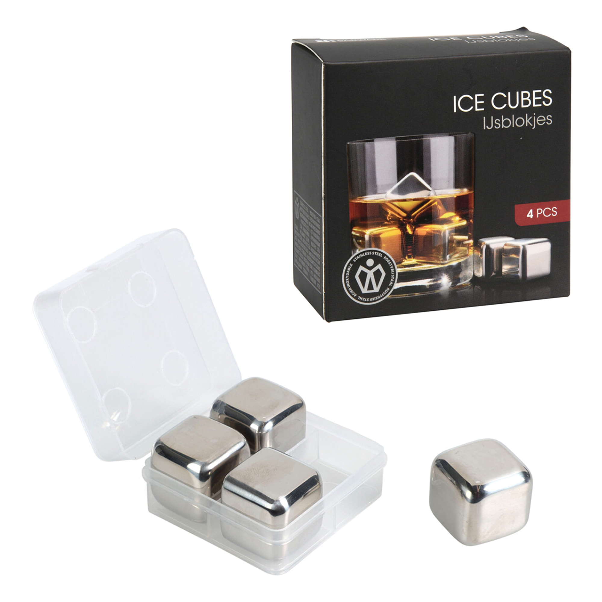 Cubitos de hielo de acero inoxidable - set 4 piezas en caja con clip ø2,7cm